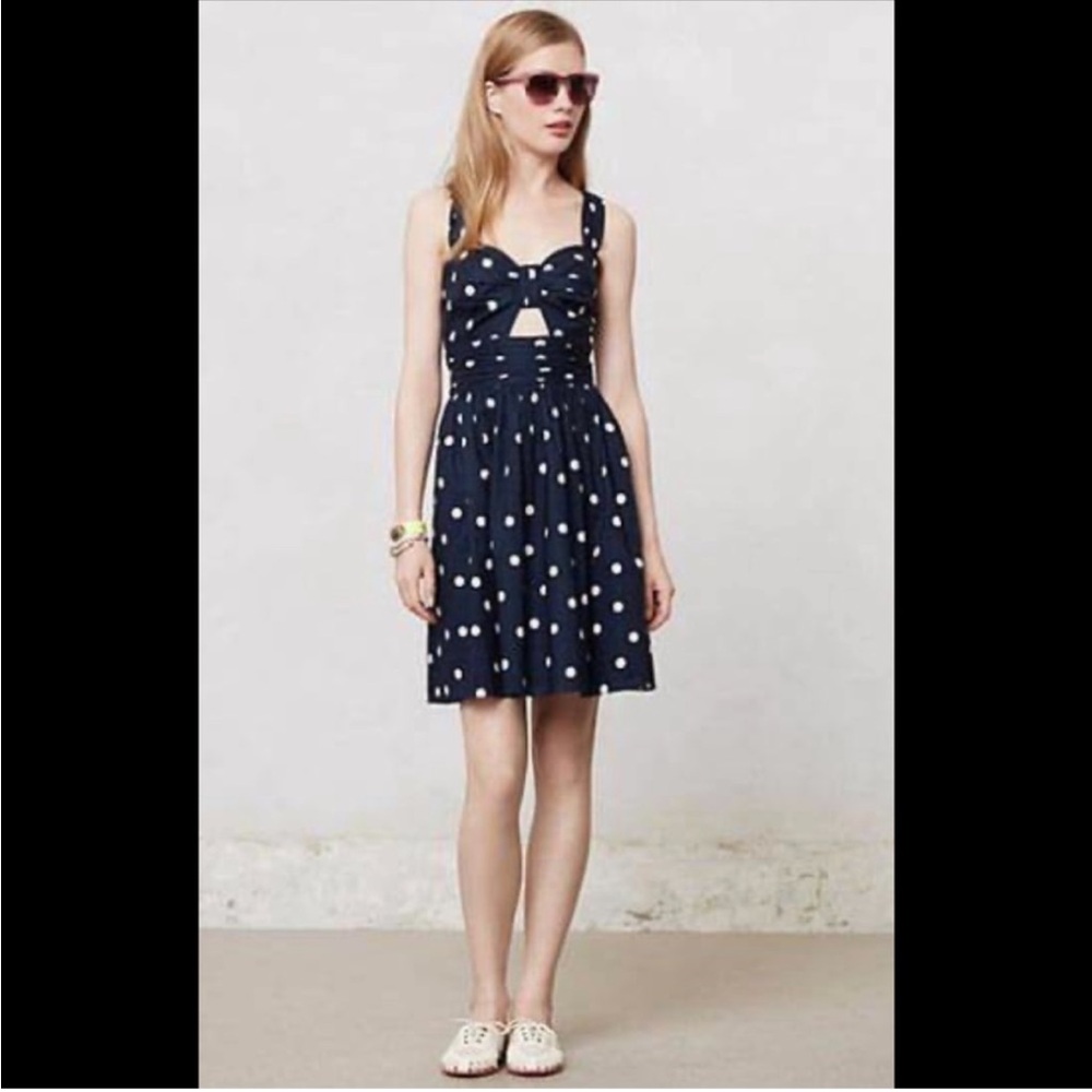 Whit Two Anthropologie Eva Navy Blue Polka Dot Cutout Sleeveless Halter Dress - Picture 11 of 11